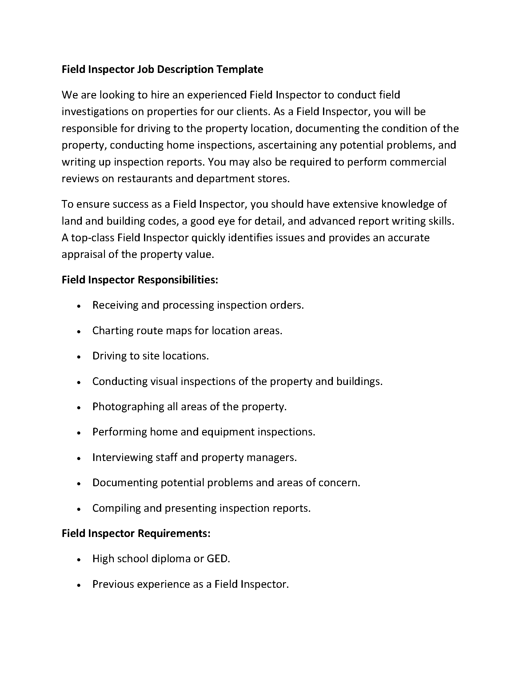 Field Inspector Job Description Template